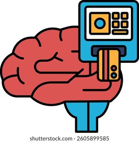 A brain is holding a credit card in front of a machine. Concept of a person using a credit card to make a purchase. Scene is casual and relaxed