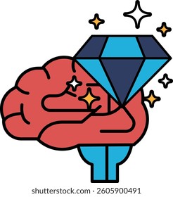 A brain holding a diamond in its hand. The diamond is shining brightly and the brain is red