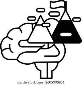 A brain is holding a flag with a triangle on it. Concept of achievement or accomplishment, as the brain is holding the flag