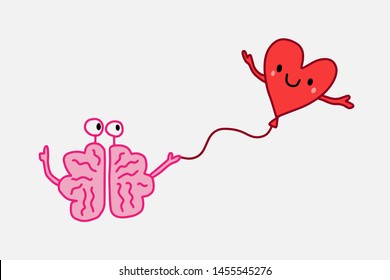 Brain holding heart hand drawn vector illustration in cartoon style mind passion