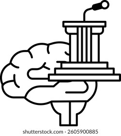 A brain is holding a microphone and a podium. Concept of knowledge and communication