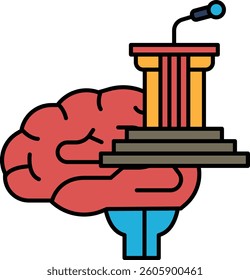 A brain is holding a microphone and a podium. The brain is red and the podium is orange. Concept of intelligence and knowledge