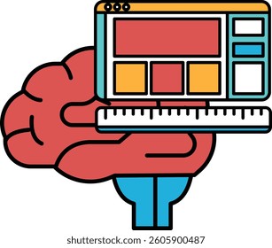 A brain is holding a ruler and a computer monitor. Concept of intelligence and technology