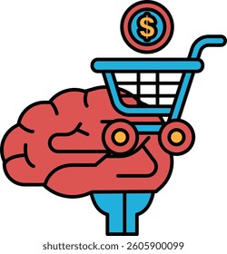 A brain is holding a shopping cart with a dollar bill in it. Concept of a person's brain being responsible for making financial decisions and managing their money
