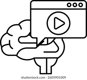 A brain is holding a small screen with a video player on it. The brain is holding the screen with its right hand