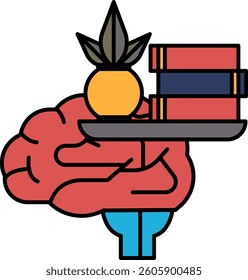 A brain holding a tray with a pineapple and books. The brain is red and the pineapple is yellow. The books are stacked on top of each other