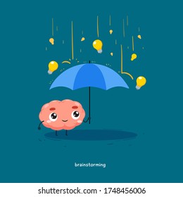 The brain is holding an umbrella with the rain of light bulb.