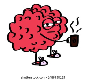 The brain holds a mug of coffee on a white background. Cartoon. Vector illustration.