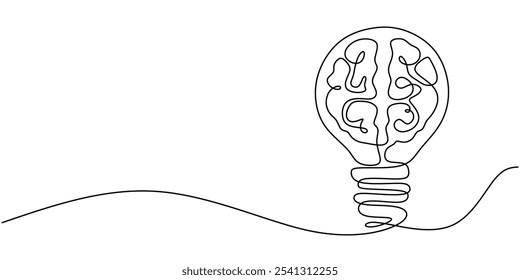 Brain housed within a light bulb in continuous one line drawing. Concept focused on creativity. Minimalist design illustrated by hand.