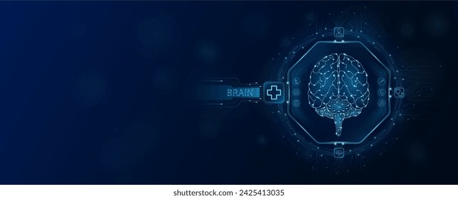 Brain human chip in electronic circuit board microchip processor technology medical. Innovative health care information processing of digital hi tech future. Empty space for text. Banner vector.