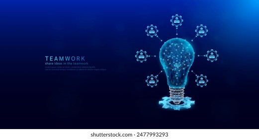 Brain human digital in light bulb polygonal glowing on cogwheels surrounded by people icon gears. Share ideas workplace teamwork. Collaboration effective functioning of the organization. Vector.