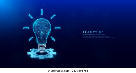 Brain human gears digital in light bulb polygonal futuristic glowing on cogwheels. How to share ideas in the workplace teamwork. Collaboration effective functioning of the organization. Vector EPS10.