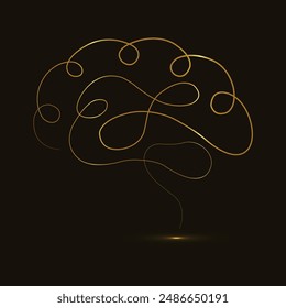 Brain. Human brain. Gold sign on black background. Blue Glowing neon Lines. Abstract circuit animation. Brain logo. Vector illustration. Glowing Complicated Brain.  Line art. medical vector icon.
