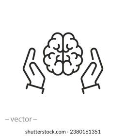 brain with human hands icon, mental health treatment, psychology care, help psychotherapy, thin line symbol on white background - editable stroke vector illustration eps10