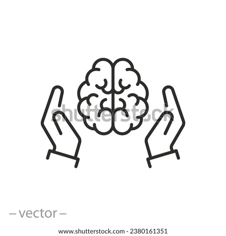 brain with human hands icon, mental health treatment, psychology care, help psychotherapy, thin line symbol on white background - editable stroke vector illustration eps10