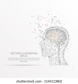 Brain with human head abstract mesh line and composition digitally drawn starry sky or space in the form of broken a part triangle shape and scattered dots low poly wire frame.