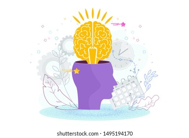 Brain is in a human head. The development of thinking, knowledge, analytical skills. Outstanding mind, creative ideas, innovative solutions. Business success Metaphor. Human profile.