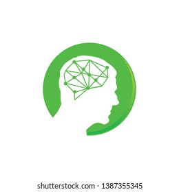 Brain and human head in green cirlce vector sign and modern symbol.