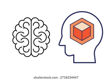 Iconos del cerebro y de la cabeza humana con símbolos del cubo y del hexágono para pensar e ideas