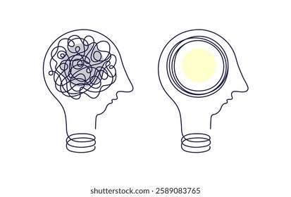 Brain in human head. Idea generation and collecting thoughts. Mental health and psychology concept. Complex entangled line unraveling to bulb. Vector continuous one line drawing. Mindset skills