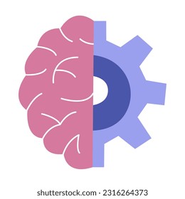Cerebro del hemisferio humano y robótica. Tecnología de automatización, inteligencia artificial. Cerebro de ciborg o bot. Icono o signo. Ilustración aislada del vector colorido