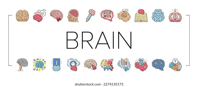 los iconos de la idea de la cabeza de la mente humana del cerebro establecen el vector. conocimiento abstracto, pensamiento científico, educación gráfica, psicología creativa, cerebro inteligente ideas de cabeza de mente humana ilustraciones de color