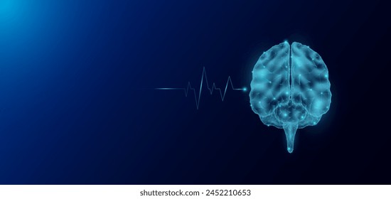 Cerebro anatomía de órganos humanos en forma de polígono bajo poli futurista y onda de pulso brillante. Anuncio de Plantilla de ciencias médicas con espacio vacío para texto. Ilustración del EPS10 del Vector.