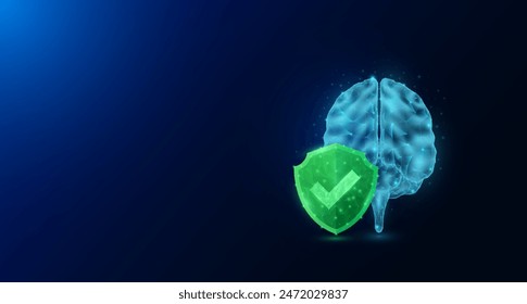 Brain human organ anatomy in style polygonal with check mark in green shield glowing on dark blue background. Medical science protection symbol concept. Banner empty space for text. Vector EPS10.