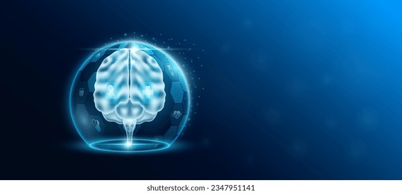 Brain human organ inside transparent dome shield protection futuristic with medical icon. Technology innovation health care. Empty space for text. Medical science ads website banner. Vector.