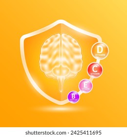 Cerebro órgano humano en vidrio de escudo naranja con complejo de vitaminas. Nutrientes suplementarios necesarios para la salud de las células nerviosas. Atención médica de salud. Vector EPS10.