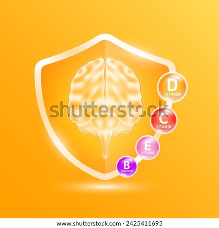 Brain human organ in orange shield glass with Vitamins complex. Supplement nutrients necessary for health nerve cell. Medical health care. Vector EPS10.