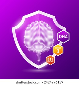 Brain human organ in purple shield glass with Omega 3 DHA and Vitamin B12 complex. Supplement nutrients necessary for health nerve cell. Medical health care. Vector EPS10.