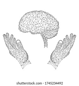 Brain, human organ and two holding, protecting hands from abstract futuristic polygonal black lines and dots. Vector illustration.