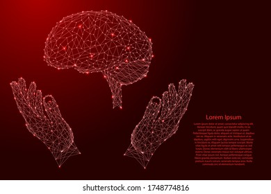 Brain, human organ and two holding, protecting hands from futuristic polygonal red lines and glowing stars for banner, poster, greeting card.