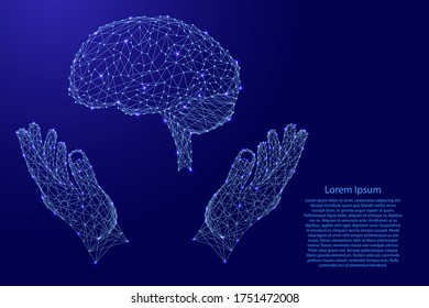 Brain, human organ and two holding, protecting hands from futuristic polygonal blue lines and glowing stars for banner, poster, greeting card.