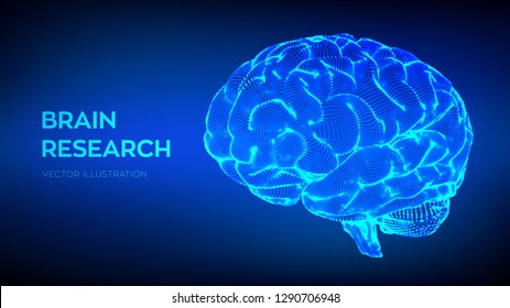 Brain. Human brain research. 3D Science and Technology concept. Neural network. IQ testing, artificial intelligence virtual emulation science technology. Brainstorm think idea. Vector illustration.