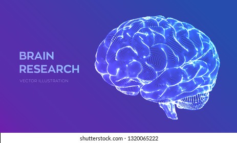 Brain. Human brain research. 3D Science and Technology concept. Neural network. IQ testing, artificial intelligence virtual emulation science technology. Brainstorm think idea. Vector illustration.