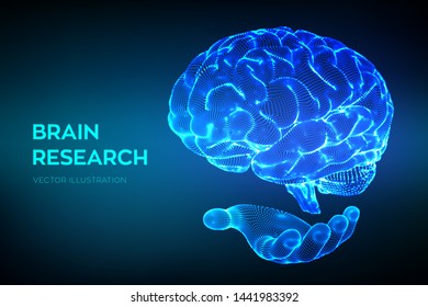 Brain. Human brain research. 3D Science and Technology concept. Neural network. IQ testing, artificial intelligence virtual emulation science technology. Brainstorm think idea. Vector illustration.