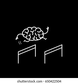 Brain hurdler. Vector concept illustration of brain jumping over the obstacles | flat design linear infographic icon white on black background