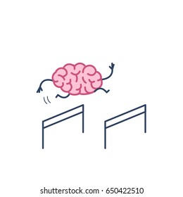 Brain hurdler. Vector concept illustration of brain jumping over the obstacles | flat design linear infographic icon colorful on white background
