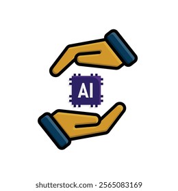 brain icon. artificial intelligence chip in hand. Chip design in hand. Education, technology and brain protection vector design. colored flat design style