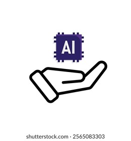 brain icon. artificial intelligence chip in hand. Chip design in hand. Education, technology and brain protection vector design. Mixed design style