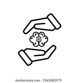 brain icon. brain and artificial intelligence in hand. Brain design and chip in the middle. Education, technology and protection vector design. Line design style