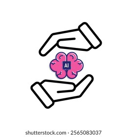 brain icon. brain and artificial intelligence in hand. Brain design and chip in the middle. Education, technology and protection vector design. Mixed design style