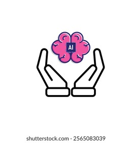 brain icon. brain and artificial intelligence in hand. Brain design and chip in the middle. Education, technology and protection vector design. Mixed design style