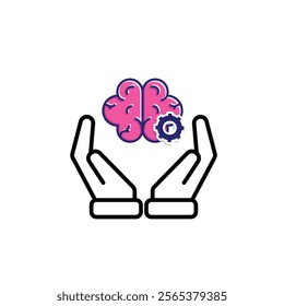 brain icon. brain and artificial intelligence in hand. Brain design and chip in the middle. Education, technology and protection vector design. Mixed design style