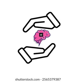brain icon. brain and artificial intelligence in hand. Brain design and chip in the middle. Education, technology and protection vector design. Mixed design style