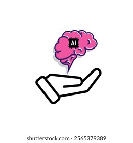 brain icon. brain and artificial intelligence in hand. Brain design and chip in the middle. Education, technology and protection vector design. Mixed design style