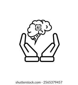 brain icon. brain and artificial intelligence in hand. Brain design and chip in the middle. Education, technology and protection vector design. Line design style