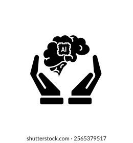 brain icon. brain and artificial intelligence in hand. Brain design and chip in the middle. Education, technology and protection vector design. Solid design style